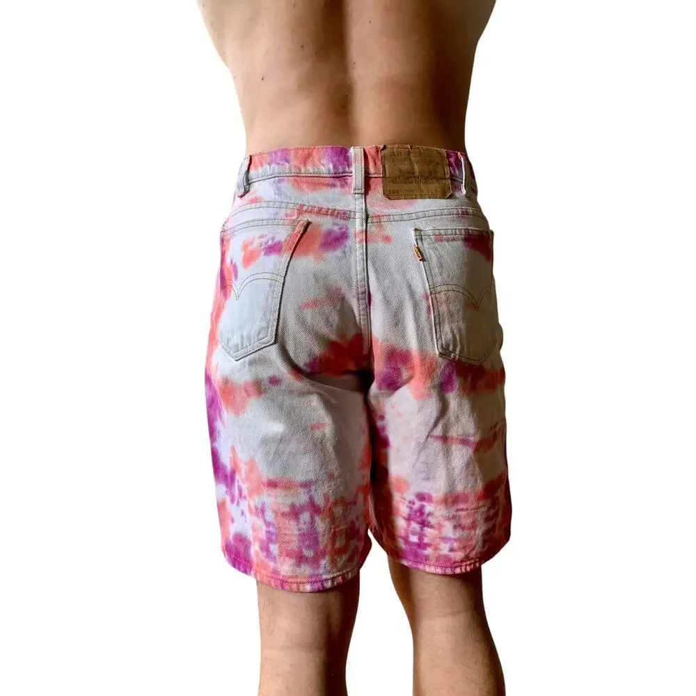 Vintage 90s Levis Yellow Tab Reworked Denim Shorts Pink Orange Tie Dye 32